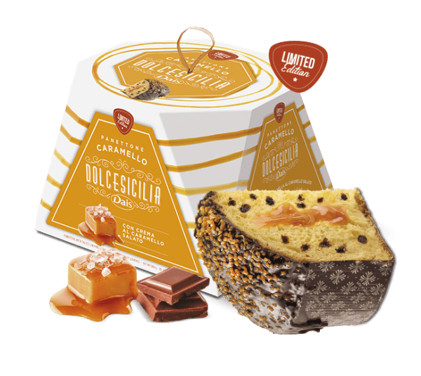 DOLCE SICILIA Panettone with Salted Caramel Filling, Dark Chocolate Shavings, and Cocoa Glaze with Caramel Pieces 800g