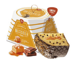 DOLCE SICILIA Panettone with Salted Caramel Filling, Dark Chocolate Shavings, and Cocoa Glaze with Caramel Pieces 800g